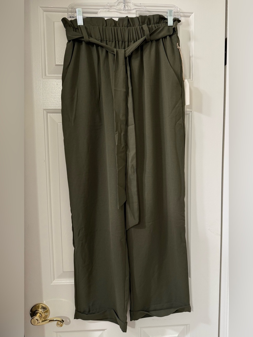 Chrysanthemum Olive Green High-Waist Paper Bag Pants w/ Tie - Size L *NWT